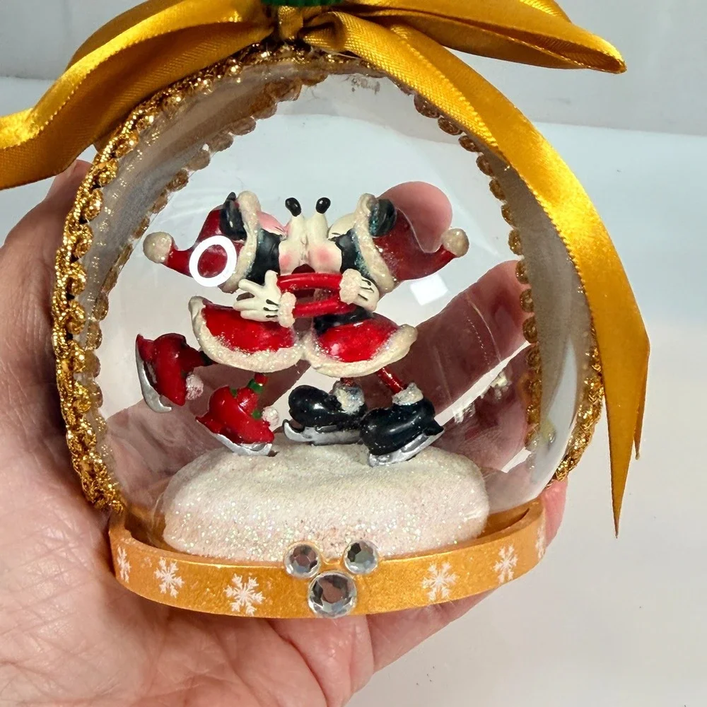 Disney Mickey Minnie Kissing Christmas Ornament Mistletoe Snow Globe Style
